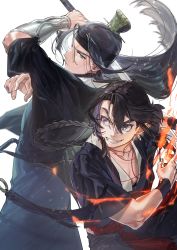 Rule 34 | 2boys, arm up, black hair, braid, braided ponytail, earrings, fighting, fire, gihuta hiroshi, grey eyes, hair between eyes, highres, holding, holding sword, holding weapon, jewelry, lanxi zhen, multiple boys, parted lips, pointy ears, short sleeves, smile, sword, luo xiaohei zhanji, upper body, weapon, wuxian (the legend of luoxiaohei), xuan li (the legend of luoxiaohei)
