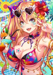 Rule 34 | 1girl, :d, armlet, bangle, bikini, blonde hair, blue eyes, blue nails, blush, bracelet, breasts, choker, cleavage, collarbone, cup, diamond-shaped pupils, diamond (shape), eyewear on head, flower, hair flower, hair ornament, heart, heart-shaped eyewear, hibiscus, highres, holding, holding cup, jewelry, large breasts, long hair, multicolored bikini, multicolored clothes, multicolored nails, nail art, nail polish, necklace, open mouth, original, red nails, ring, sakiyamama, smile, solo, summer, sunglasses, swimsuit, symbol-shaped pupils, two side up, upper body, v
