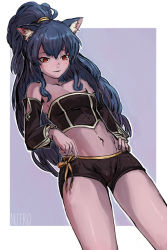 Rule 34 | 1girl, animal ear fluff, animal ears, artist name, bare shoulders, black shirt, black shorts, blue hair, border, borrowed character, breasts, brown kemomimi-chan (krr), cameltoe, commission, crop top, dark-skinned female, dark skin, detached sleeves, dungeon and fighter, hair between eyes, hand on own hip, highres, jacket, long hair, long sleeves, looking down, midriff, navel, nutro, original, outside border, ponytail, purple background, red eyes, shirt, short shorts, shorts, sidelocks, signature, skin tight, smile, solo, stomach, strapless, thighs, very long hair, white border, wolf ears