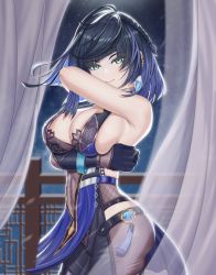 Rule 34 | 1girl, arm under breasts, bare shoulders, black gloves, black hair, blue hair, blunt bangs, breasts, cleavage, cowboy shot, curtains, genshin impact, gloves, green eyes, highres, large breasts, looking at viewer, multicolored hair, night, night sky, railing, revision, sideboob, single glove, sky, sleeveless, solo, standing, suzhi2333, yelan (genshin impact)