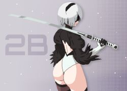 Rule 34 | 1girl, 2b (nier:automata), ass, back cutout, black blindfold, black hairband, blindfold, character name, closed mouth, clothing cutout, curvy, gloves, grey background, hairband, highleg, highleg leotard, highres, holding, holding sword, holding weapon, huge ass, juliet sleeves, leotard, long sleeves, nier:automata, nier (series), pixel art, puffy sleeves, seiko093, short hair, solo, sword, thighhighs, thong leotard, weapon, white hair, white leotard, wide hips