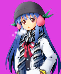 Rule 34 | 1girl, adapted costume, blue hair, earmuffs, female focus, food, fruit, hands in pockets, hinanawi tenshi, long hair, looking at viewer, open mouth, peach, purple background, ruu (tksymkw), scarf, simple background, solo, touhou