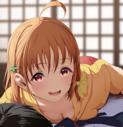 Rule 34 | 1boy, 1girl, ahoge, amagi (volfuji), black hair, blurry, blurry background, bow, braid, breasts, cleavage, clover hair ornament, downblouse, girl on top, hair bow, hair ornament, indoors, looking at viewer, love live!, love live! sunshine!!, lying, medium breasts, medium hair, no bra, on stomach, open mouth, orange hair, red eyes, short shorts, shorts, smile, solo focus, takami chika, yellow bow