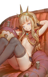 Rule 34 | 10s, 1girl, arm behind head, arm guards, arm up, ass, bad id, bad pixiv id, bat wings, black thighhighs, blonde hair, blue eyes, blunt bangs, cagliostro (granblue fantasy), closed mouth, couch, flat chest, granblue fantasy, hairband, hand in own hair, highres, knees up, long hair, looking at viewer, no bra, no panties, on couch, pink lips, simple background, sitting, smile, solo, spiked hairband, spikes, stuffed toy, tareme, thighhighs, timbougami, white background, wings