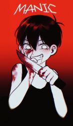 Rule 34 | 1boy, bare arms, black background, black hair, black tank top, blood, blood on hands, bloody knife, blush, colored skin, drooling, english text, gradient background, grin, hair behind ear, hair between eyes, hand on another&#039;s face, highres, holding, holding knife, kitchen knife, knife, looking at viewer, no pupils, official alternate eye color, omo taru, omori, omori (omori), red background, short hair, sleeveless, smile, solo, tank top, upper body, white eyes, white skin