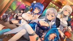 Rule 34 | 6+girls, :d, ahoge, alternate costume, azur lane, bare shoulders, belfast (azur lane), belfast (iridescent rosa) (azur lane), black hair, black thighhighs, blue eyes, blue hair, blunt bangs, blush, braid, breasts, brown hair, chain, china dress, chinese clothes, cleavage, cleavage cutout, clothing cutout, collar, commentary request, crossed legs, cup, detached sleeves, dress, earrings, enterprise (azur lane), enterprise (blooming peony) (azur lane), feather boa, fireworks, flower, fur trim, gloves, hair between eyes, hair flower, hair ornament, hair rings, hairband, holding, holding cup, holding lantern, indoors, jacket, jewelry, kurot, lantern, large breasts, long hair, looking at viewer, medium breasts, multiple girls, night, ning hai (azur lane), official art, open mouth, panties, ping hai (azur lane), purple eyes, reaching, reaching towards viewer, red eyes, side-tie panties, silver hair, sitting, small breasts, smile, st. louis (azur lane), st. louis (blue and white pottery) (azur lane), thighhighs, twin braids, twintails, underwear, very long hair, white dress, white gloves, white legwear, yat sen (azur lane)