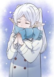 Rule 34 | 1girl, blue background, blue scarf, closed eyes, closed mouth, coat, cold, commentary request, earrings, elf, facing viewer, frieren, hands up, highres, jewelry, long hair, long sleeves, own hands together, parted bangs, pointy ears, poteke, scarf, snowflakes, snowing, solo, sousou no frieren, standing, twintails, white coat, white hair, winter clothes
