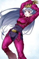 Rule 34 | 1girl, arms up, belt, blue hair, blush, breasts, chaps, cropped jacket, gloves, highres, kula diamond, long hair, onsoku inu, open mouth, red eyes, solo, the king of fighters, zipper