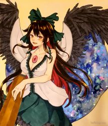 Rule 34 | 1girl, absurdres, arm cannon, bird wings, black wings, blouse, bow, breasts, brown eyes, brown hair, cape, cleavage, collared shirt, commentary request, control rod, cowboy shot, frilled skirt, frills, green bow, green skirt, hair bow, highres, hoshiringo0902, huge filesize, large breasts, long hair, looking at viewer, open mouth, reiuji utsuho, shikishi, shirt, simple background, skirt, sleeveless, sleeveless shirt, solo, starry sky print, third eye, touhou, traditional media, watermark, weapon, web address, white cape, white shirt, wings, yellow background