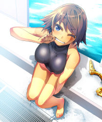 Rule 34 | 10s, 1girl, bare legs, bare shoulders, barefoot, black one-piece swimsuit, blue eyes, brown hair, unworn headgear, hiei (kancolle), highres, kantai collection, knees together feet apart, one-piece swimsuit, one eye closed, pool, short hair, sitting, smile, solo, swimsuit, tan, tanline, teeth, tsukinami kousuke, water, wet