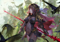 Rule 34 | 1girl, armor, army, bird, bodysuit, breasts, breasts apart, cape, covered erect nipples, covered navel, cowboy shot, crow, fate/grand order, fate (series), gae bolg (fate), gauntlets, glowing, glowing eyes, holding, holding weapon, jewelry, long hair, medium breasts, parted lips, pauldrons, polearm, purple bodysuit, purple hair, qmo (chalsoma), red eyes, scathach (fate), shoulder armor, skull, smile, solo focus, spear, standing, veil, very long hair, walking, weapon