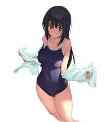 Rule 34 | 1girl, black hair, blush, breasts, brown eyes, closed mouth, collarbone, competition school swimsuit, cowboy shot, hands up, holding, long hair, looking at viewer, medium breasts, navel, one-piece swimsuit, original, school swimsuit, senjitsu musou, shade, shadow, sidelocks, simple background, smile, solo, standing, swimsuit, towel, white background