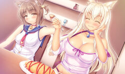 Rule 34 | 2girls, :i, ^ ^, ahoge, animal ear fluff, animal ears, arm at side, azuki (nekopara), bare arms, bare shoulders, bell, blonde hair, blue sailor collar, blush, breasts, brown eyes, brown hair, cat ears, cat girl, cat hair ornament, choker, cleavage, closed eyes, closed mouth, coconut (nekopara), collarbone, colored eyelashes, commentary request, dark-skinned female, dark skin, dutch angle, eating, eyelashes, eyes visible through hair, facing viewer, floating hair, food, food on face, fork, hair between eyes, hair ornament, half-closed eyes, hand on own cheek, hand on own face, hand up, hands up, happy, highres, holding, holding fork, indoors, jingle bell, large breasts, long hair, long sleeves, looking at another, medium breasts, multiple girls, neckerchief, nekopara, off-shoulder shirt, off shoulder, omelet, omurice, purple choker, purple shirt, red choker, red neckerchief, sailor collar, shiny skin, shirt, short hair, shrimp 3, sidelocks, sitting, sleeveless, sleeveless shirt, slit pupils, smile, split mouth, straight hair, two side up, upper body, very long hair, wavy mouth, white shirt