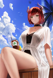 Rule 34 | 1girl, animal, arm support, bare legs, belt buckle, bird, black choker, black one-piece swimsuit, blue sky, breasts, buckle, choker, cleavage, closed mouth, cloud, cloudy sky, collarbone, cup, day, disposable cup, dragon knight (dungeon and fighter), drink, drinking straw, dungeon and fighter, earrings, feet out of frame, floating island, flock, from below, green eyes, highres, holding, hoop earrings, horns, jewelry, knight (dungeon and fighter), large breasts, light smile, looking at viewer, monaim, one-piece swimsuit, open clothes, open robe, outdoors, palm tree, red hair, robe, see-through, short hair, short sleeves, sidelocks, sitting, sky, solo, sunlight, swimsuit, thighs, tower, tree, white robe, wristband