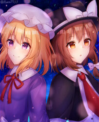 Rule 34 | 2girls, black capelet, black headwear, blonde hair, blue background, bow, breasts, brown eyes, brown hair, buttons, capelet, closed mouth, collared shirt, dress, dress shirt, hair between eyes, hair bow, hat, hat bow, hat ribbon, highres, light smile, looking at viewer, maribel hearn, medium hair, mob cap, multiple girls, neck ribbon, necktie, open mouth, purple dress, purple eyes, red necktie, red ribbon, ribbon, runa (runa7733), shirt, small breasts, star (symbol), starry background, touhou, upper body, usami renko, white bow, white headwear, white ribbon, white shirt