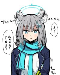 Rule 34 | animal ears, blazer, blue archive, blue eyes, flapping ears, frozen oyu, hair ornament, hairclip, heterochromia, jacket, looking at viewer, scarf, school uniform, shiroko (blue archive), simple background, translated, white background, wolf ears, wolf girl