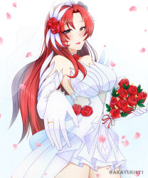 Rule 34 | 1girl, absurdres, akayuki471, artist name, bare shoulders, bouquet, breasts, bridal veil, bride, cleavage, dress, elbow gloves, flower, gloves, hair flower, hair ornament, highres, holding, holding bouquet, honkai (series), honkai impact 3rd, jewelry, long hair, looking at viewer, murata himeko, murata himeko (blood rose), open mouth, petals, red flower, red rose, ring, rose, sleeveless, sleeveless dress, solo, veil, wedding dress, white background, white dress, white gloves, yellow eyes