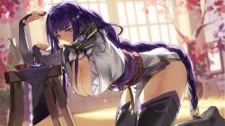 Rule 34 | 1girl, armor, black thighhighs, blurry, blurry background, blush, bottle, braid, breasts, cherry blossoms, choko (cup), cleavage, cup, diffraction spikes, fingerless gloves, flower, genshin impact, gloves, hanging breasts, holding, holding cup, indoors, ja mong, japanese clothes, kneeling, large breasts, light particles, looking at viewer, low-braided long hair, low-tied long hair, purple eyes, purple flower, purple hair, raiden shogun, revision, rope, rope belt, sake bottle, tea, teacup, teapot, thick thighs, thighhighs, thighs, tree, wide sleeves