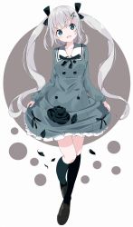 Rule 34 | 1girl, :d, black bow, black ribbon, black socks, blue dress, blush, bow, brown background, brown footwear, commentary request, dress, eyebrows hidden by hair, frilled dress, frills, full body, green eyes, grey hair, hair ornament, hairclip, head tilt, highres, kneehighs, loafers, long hair, long sleeves, open mouth, original, petals, ribbon, rose petals, sailor collar, sailor dress, shoes, skirt basket, smile, socks, solo, tantan men (dragon), twintails, two-tone background, very long hair, white background, white sailor collar, x hair ornament