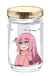 Rule 34 | + +, 1girl, :d, blush, blush stickers, bocchi the rock!, english text, gotoh hitori, happy, highres, hinghoi, in jar, jacket, jar, long hair, open mouth, pants, pink hair, pink jacket, pink pants, sitting, skirt, smile, solo, track jacket, track pants