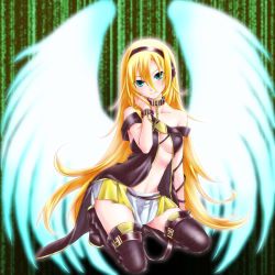 Rule 34 | 1girl, bare shoulders, blonde hair, blue eyes, breasts, chain, collar, colorized, hairband, highres, lily (vocaloid), long hair, looking at viewer, skirt, small breasts, smile, solo, thighhighs, very long hair, vocaloid, wings, yuuki kira
