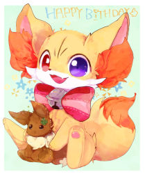 Rule 34 | alternate eye color, animal ear fluff, animal focus, bad id, bad pixiv id, banchiku, bell, border, bow, bowtie, clothed pokemon, clover, creatures (company), doll, eevee, english text, fennekin, fluffy, four-leaf clover, full body, game freak, gen 1 pokemon, gen 6 pokemon, green background, happy birthday, heterochromia, highres, jingle bell, looking at viewer, nintendo, no humans, outside border, pawpads, pink bow, pink bowtie, pokemon, pokemon (creature), purple eyes, red eyes, simple background, sitting, solo, star (symbol), stuffed animal, stuffed toy, typo, white border