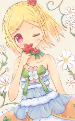 Rule 34 | 1girl, bare arms, bare shoulders, blonde hair, blush, bow, bow choker, braid, choker, close-up, collarbone, commentary request, covered mouth, crown braid, dress, dress bow, floating hair, floral background, flower, flower over mouth, flower request, frilled dress, frills, green bow, green choker, hair flower, hair ornament, holding, holding flower, medium hair, midorikaze fuwari, multicolored clothes, multicolored dress, one eye closed, orange background, orange dress, parted bangs, partial commentary, pink eyes, pretty series, pripara, simple background, sleeveless, sleeveless dress, smelling, smelling flower, solo, srrr 48479587, strapless, strapless dress, upper body, white dress, wind
