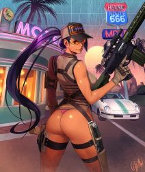 Rule 34 | 1girl, 666, ass, bare arms, bare shoulders, baseball cap, breasts, brown gloves, brown shirt, building, car, closed mouth, commentary request, cowboy shot, dark-skinned female, dark skin, english text, floating hair, from behind, gloves, grey hat, gun, hat, highres, holding, holding gun, holding weapon, holster, knife, large breasts, legs apart, long hair, looking at viewer, looking back, motel, motor vehicle, nissan fairlady z, ogami, original, outdoors, palm tree, panties, parody, pink panties, ponytail, purple hair, road, route 66, scope, sheath, sheathed, shiny skin, shirt, sign, signature, sleeveless, sleeveless shirt, smile, solo, standing, sun, sunglasses, sunset, thigh holster, thong, tree, trigger discipline, underwear, very long hair, weapon