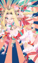 Rule 34 | 1girl, absurdres, antlers, bare shoulders, bell, bikini, blonde hair, breasts, chin piercing, christmas, cleavage, fate/grand order, fate (series), feathers, fur-trimmed bikini, fur collar, fur trim, green eyes, green nails, headdress, highres, horns, large breasts, long hair, looking at viewer, marina (mrn9), nail polish, one eye closed, open mouth, parted bangs, quetzalcoatl (fate), quetzalcoatl (samba santa) (fate), red bikini, red ribbon, ribbon, santa bikini, smile, solo, sunburst, sunburst background, swimsuit, thighs