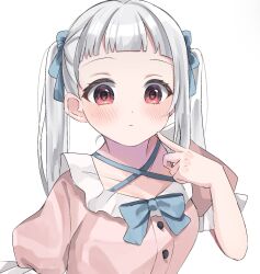 Rule 34 | 1girl, alternate hairstyle, arashi chisato, blue bow, blue bowtie, blunt bangs, blush, bow, bowtie, closed mouth, collarbone, commentary request, finger to cheek, grey hair, highres, long hair, looking at viewer, love live!, love live! superstar!!, mi0907 mi, pink shirt, puffy short sleeves, puffy sleeves, red eyes, shirt, short sleeves, sidelocks, solo, twintails, upper body, white background