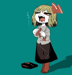 Rule 34 | 1girl, aqua background, ascot, blonde hair, bow, dressing, fangs, folded clothes, frilled shirt collar, frills, grey shirt, hair bow, no shoes, open mouth, red eyes, red socks, rumia, saliva, see-through, shirt, short hair, simple background, socks, solo, sparkle, teal background, teeth, thighs, touhou, unworn vest, waking up, yawning, yellow pupils, yt (wai-tei)