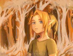 Rule 34 | 1boy, artist name, bad id, bad twitter id, blonde hair, clivenzu, commentary, english commentary, forest, green hat, hat, highres, link, looking at viewer, male focus, nature, nintendo, orange background, parted lips, pointy ears, short sleeves, solo, the legend of zelda, the legend of zelda: ocarina of time, tree, upper body, young link
