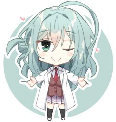 Rule 34 | 1girl, ahoge, aqua background, aqua hair, black socks, blush stickers, brown vest, chibi, closed mouth, commentary request, eyelashes, hair between eyes, heart, incoming hug, lab coat, long hair, long sleeves, looking at viewer, miniskirt, necktie, one eye closed, one side up, pleated skirt, red necktie, riddle joker, school uniform, shikibe mayu, silver116, simple background, skirt, smile, socks, solo, vest, wavy hair, white background