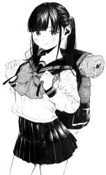 Rule 34 | 1girl, absurdres, backpack, bag, blouse, blunt bangs, bow, closed mouth, commentary, cowboy shot, fang, fang out, gagaimo, greyscale, highres, long hair, long sleeves, looking at viewer, miniskirt, monochrome, original, pleated skirt, school uniform, serafuku, shirt, skirt, sleeping bag, smile, solo, standing, traditional media, twintails