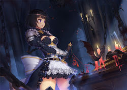 Rule 34 | 1girl, altar, armor, bat (animal), black dress, black hair, blunt bangs, breasts, candle, chain, cleavage, dress, erika (shadowverse), fire, gauntlets, indoors, looking to the side, night, official art, purple eyes, red eyes, shadowverse, sheath, sheathed, short hair, solo, standing, sword, weapon, zimajiang