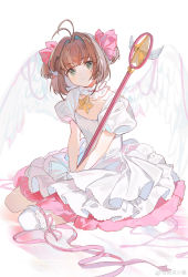 Rule 34 | 1girl, absurdres, antenna hair, benyue xiao kui, bow, bridal garter, brown hair, cardcaptor sakura, choker, collarbone, dress, feathered wings, frilled choker, frilled dress, frills, full body, green eyes, hair bow, hair intakes, highres, holding, holding wand, hoshi no tsue, kinomoto sakura, looking at viewer, pink bow, pink ribbon, puffy short sleeves, puffy sleeves, ribbon, seiza, short hair, short sleeves, short twintails, simple background, single thighhigh, sitting, smile, solo, star (symbol), thighhighs, twintails, v arms, wand, weibo watermark, white background, white dress, white thighhighs, white wings, wings