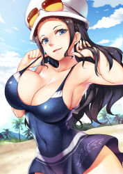 Rule 34 | 1girl, absurdres, armpits, arms up, beach, black hair, blue eyes, breasts, cleavage, cloud, cloudy sky, collarbone, commentary request, covered navel, cowboy shot, curvy, dated, day, dress, eyewear on head, graphite (medium), hand in own hair, hat, highres, large breasts, long hair, looking at viewer, nico robin, one piece, outdoors, palms, parted lips, signature, sky, solo, spaghetti strap, standing, strap pull, swimsuit, traditional media, upper body, x-boy