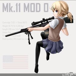 Rule 34 | 1girl, absurdres, american flag, artist name, bipod, black pantyhose, blonde hair, blue eyes, blue skirt, character name, character profile, character sheet, collared shirt, dress shirt, gun, hair ornament, hairclip, highres, holding, holding weapon, leggings, looking at viewer, no shoes, original, pantyhose, ponytail, rifle, school uniform, scope, shirt, short ponytail, short sleeves, simple background, skirt, solo, stats, sweater vest, upotte!!, vectorek, watermark, weapon, white shirt