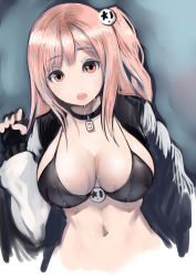 Rule 34 | 1girl, bikini, bikini top only, black bikini, black choker, black gloves, breasts, choker, commentary request, cropped torso, dead or alive, dripping, fingerless gloves, gloves, hair ornament, highres, honoka (doa), jacket, johan (johan13), large breasts, long hair, looking at viewer, navel, one side up, open clothes, open jacket, pink hair, red eyes, solo, spaghetti strap, sweat, swimsuit, upper body