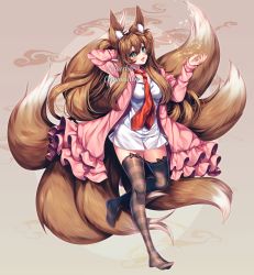 Rule 34 | 1girl, absurdres, animal ear fluff, animal ears, arm behind head, artist name, black bow, black thighhighs, blush, bow, breasts, brown hair, cardigan, circle, cleavage, commission, fluffy, fox ears, fox girl, fox tail, frills, full body, green eyes, highres, large tail, long hair, looking at viewer, medium breasts, multiple tails, open cardigan, open clothes, open mouth, original, pink cardigan, plushmallow, sasucchi95, smile, solo, standing, striped clothes, striped thighhighs, tail, thighhighs, watermark