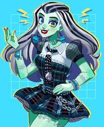 Rule 34 | 1girl, absurdres, black hair, blue eyes, bracelet, colored skin, disembodied hand, dress, eyeshadow, frankie stein, green eyes, green skin, hand on own hip, heterochromia, highres, jewelry, long hair, makeup, miuchat cat, monster girl, monster high, multicolored hair, plaid, plaid dress, purple eyeshadow, red nails, shirt, solo, stitched arm, stitched leg, stitched neck, stitches, streaked hair, white hair, white shirt