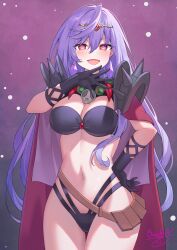 Rule 34 | 1girl, :d, armor, bikini, binato lulu, black bikini, black gloves, breasts, cape, circlet, cleavage, commentary request, commission, cosplay, cowboy shot, crystal earrings, earrings, elbow gloves, gloves, hair between eyes, hand on own hip, highres, iris heart, jewelry, light blush, long hair, looking at viewer, medium breasts, naga the serpent, naga the serpent (cosplay), navel, necklace, neptune (series), ojou-sama pose, open mouth, power symbol-shaped pupils, purple hair, red cape, red eyes, revealing clothes, shoulder armor, shoulder spikes, sidelocks, signature, skull, skull necklace, slayers, smile, solo, spikes, standing, stomach, swimsuit, symbol-shaped pupils
