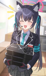 Rule 34 | :d, ^ ^, absurdres, animal ear fluff, animal ears, armband, black gloves, black hair, black jacket, blue archive, blue necktie, blue ribbon, box, cardboard box, cat ears, classroom, closed eyes, commentary, cowboy shot, gloves, graphics card, grey skirt, hair ribbon, halo, highres, holding, indoors, jacket, long hair, long sleeves, necktie, nvidia, open mouth, pink halo, pleated skirt, ribbon, school uniform, serika (blue archive), shirt, sidelighting, skirt, smile, sysen, twintails, very long hair, white shirt