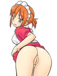 Rule 34 | 1girl, anus, ass, breasts, clothes lift, clothes pull, futaba channel, kudoi, lips, lipstick, looking back, maid, maid headdress, makeup, nijiura maids, no panties, open mouth, orange hair, pussy, short hair, skirt, skirt lift, skirt pull, teeth, thighs, white background