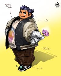 Rule 34 | 1boy, absurdres, bara, black jacket, blue eyes, blue hair, blush, brown pants, chibi, chibi inset, commentary request, dark-skinned male, dark skin, flower, gradient background, hair bun, highres, holding, holding flower, jacket, kita 9999, looking at viewer, medium hair, muscular, muscular male, official alternate costume, official alternate hairstyle, pants, parachute pants, shoes, simple background, sketch, smile, sneakers, solo, standing, sweater, takeminakata (housamo), thick eyebrows, tokyo houkago summoners, translation request, unbuttoned, yellow background, yoritomo (housamo)