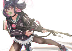 Rule 34 | 1girl, absurdres, animal ears, black choker, black hair, black jacket, black pantyhose, blue archive, cat ears, choker, colored inner hair, food, green sailor collar, gun, hair ornament, hairclip, halo, highres, holding, holding gun, holding weapon, jacket, kazusa (blue archive), long sleeves, macaron, matudo yuu, mouth hold, multicolored hair, pantyhose, pink hair, pink halo, pleated skirt, red eyes, sailor collar, shoes, short hair, skirt, sneakers, solo, track jacket, weapon, white skirt