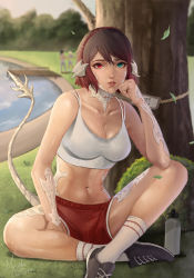 Rule 34 | 1girl, 2others, absurdres, arm on knee, armor, au ra, warrior of light (ff14), blurry, blurry background, brown hair, clenched hand, final fantasy, final fantasy xiv, grass, hand on own face, heterochromia, highres, leaf, lips, meister staze, midriff, multiple others, outdoors, parted lips, pond, resting, shoes, short hair, shorts, signature, sitting, socks, sports bra, sweat, tail, tree, water