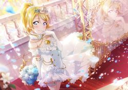 Rule 34 | 1girl, artist request, ayase eli, bare shoulders, blonde hair, blue eyes, blue flower, blue rose, blush, bouquet, breasts, bridal veil, bride, cleavage, collarbone, dress, earrings, elbow gloves, female focus, flower, frills, garter straps, gloves, hair between eyes, hair bobbles, hair flower, hair ornament, hair scrunchie, high ponytail, highres, holding, holding bouquet, jewelry, long hair, looking at viewer, love live!, love live! school idol festival, love live! school idol festival all stars, love live! school idol project, medium breasts, parted lips, ponytail, ribbon, rose, scrunchie, short hair, skirt, solo, strapless, strapless dress, tiara, veil, wedding, wedding dress, white dress, white flower, white gloves, white legwear, white scrunchie, white skirt, yellow ribbon