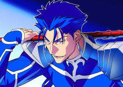 Rule 34 | 1boy, blue hair, cu chulainn (fate), earrings, fate/stay night, fate (series), gae bolg (fate), jewelry, kon manatsu, cu chulainn (fate/stay night), long hair, male focus, polearm, ponytail, sexy44, solo, spear, weapon