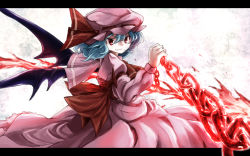 Rule 34 | 1girl, ascot, bad id, bad pixiv id, bat wings, blue hair, bow, chain, gradient background, hat, hat ribbon, juliet sleeves, letterboxed, long sleeves, looking at viewer, mob cap, puffy sleeves, red eyes, remilia scarlet, ribbon, short hair, skirt, skirt set, smile, solo, spear the gungnir, touhou, waira, wings